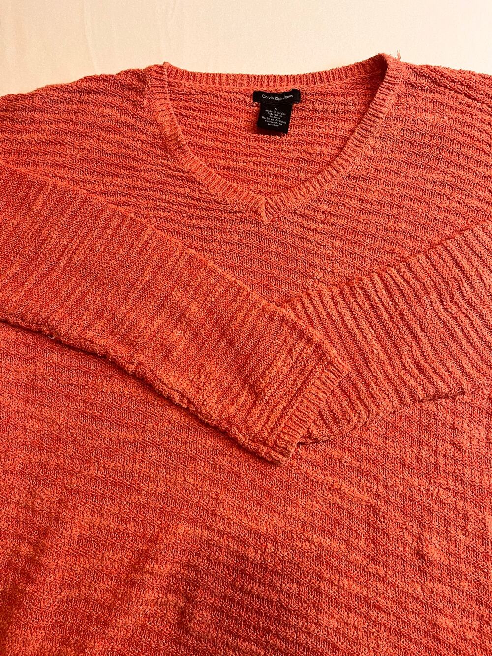 Textured V-Neck Knit Sweater by Calvin Klein Jeans Orange Size M